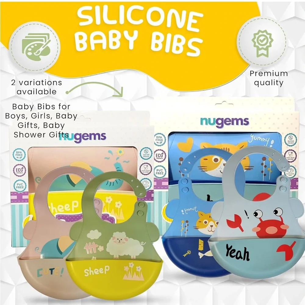 BRAND NEW Nugems Silicone Baby Bibs Set - 2 Pack Blue and Light Blue